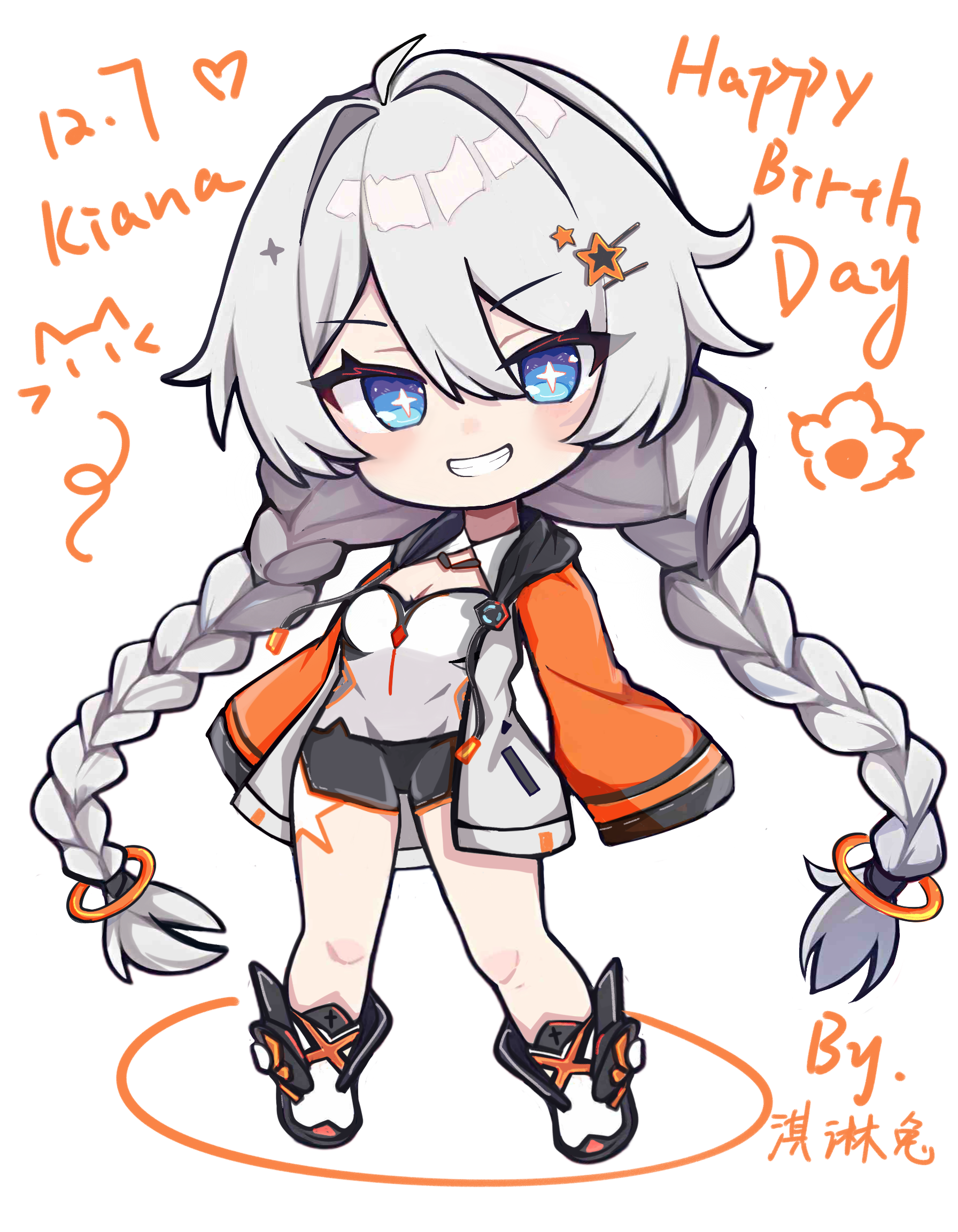 White-haired character illustration with orange details