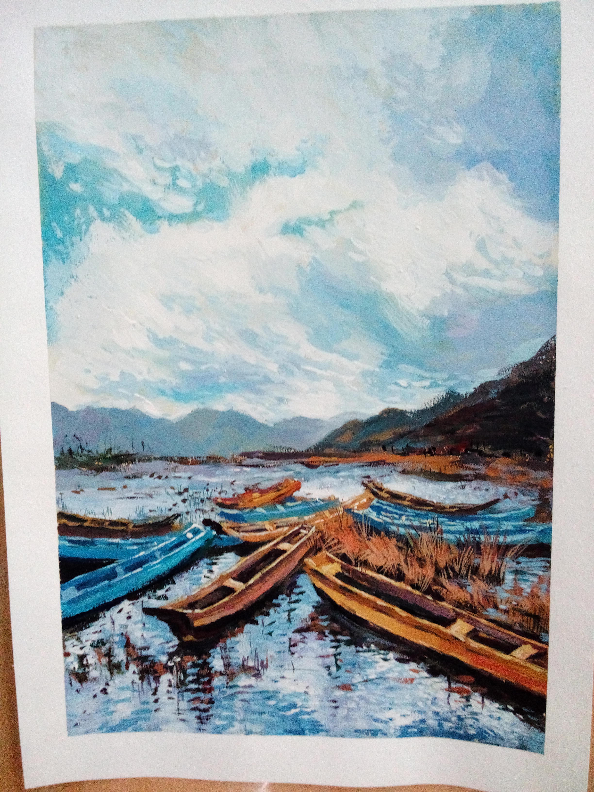 Coastal boats and mountain colour study