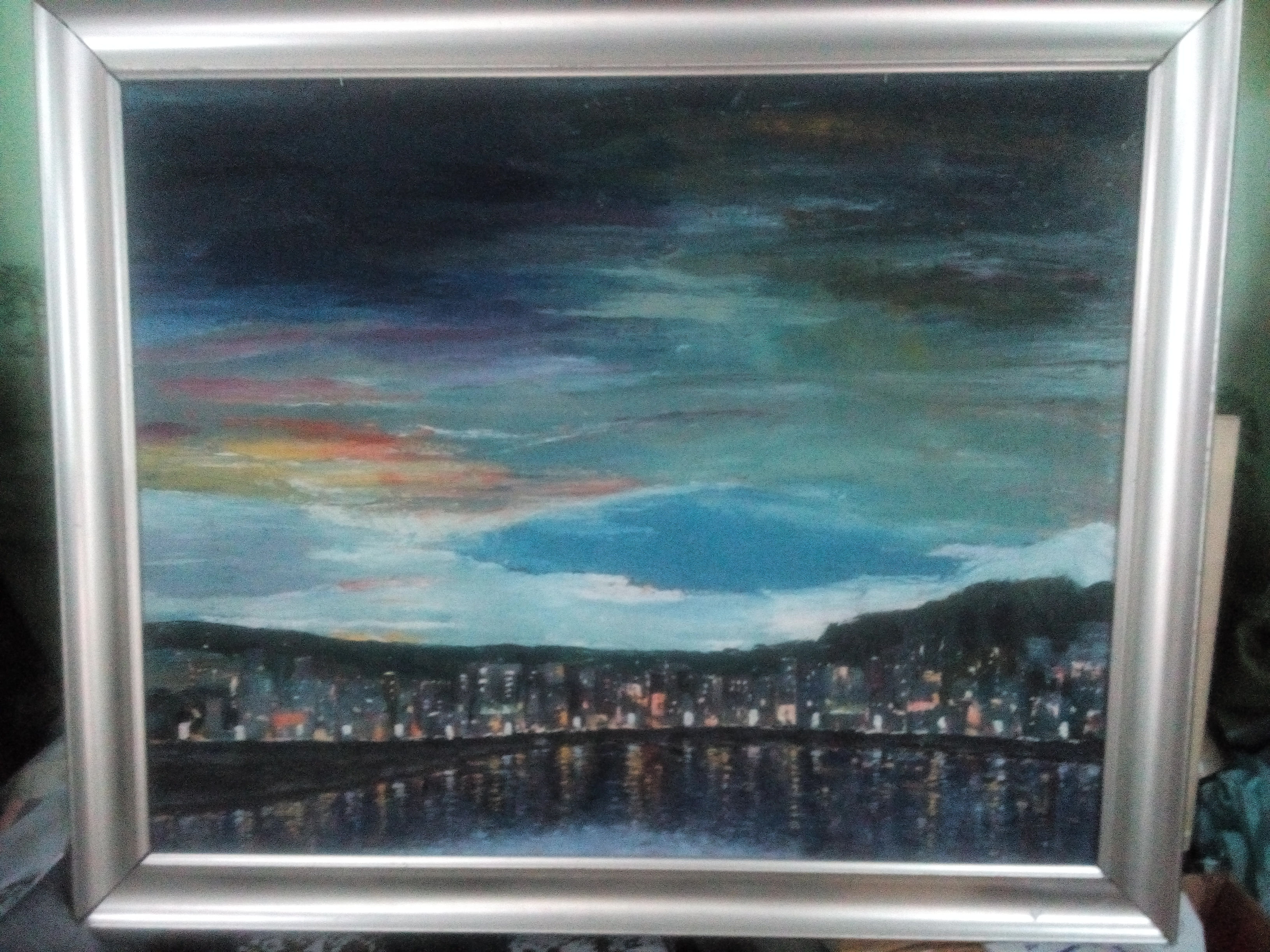 Framed night landscape painting