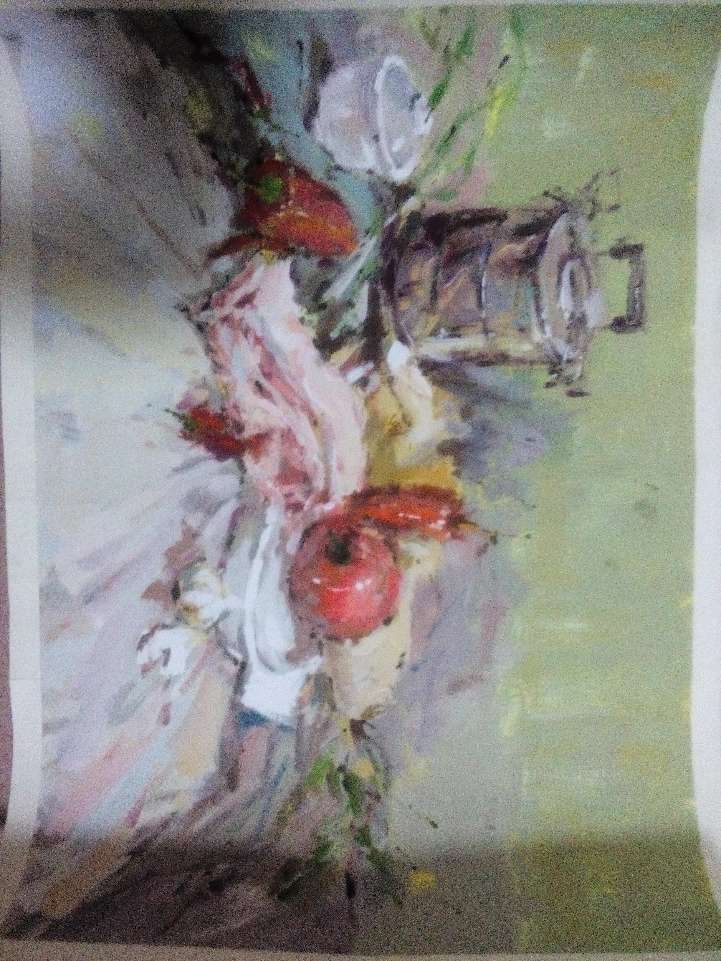 Green still-life painting with vessels and fruit