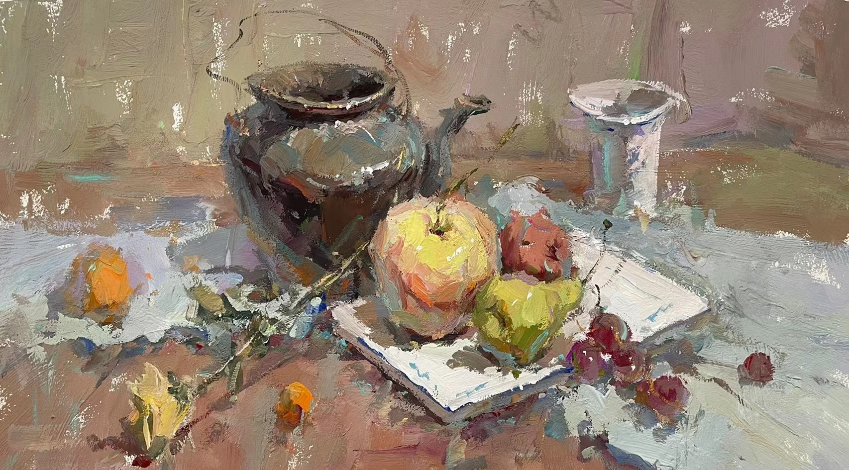 Still life with dark vessel and fruit