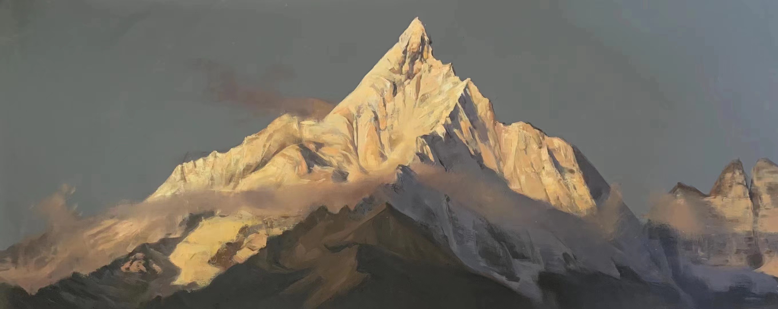 Mountain ridge painted in warm light