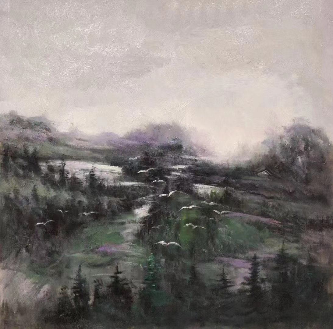 Misty monochrome landscape painting