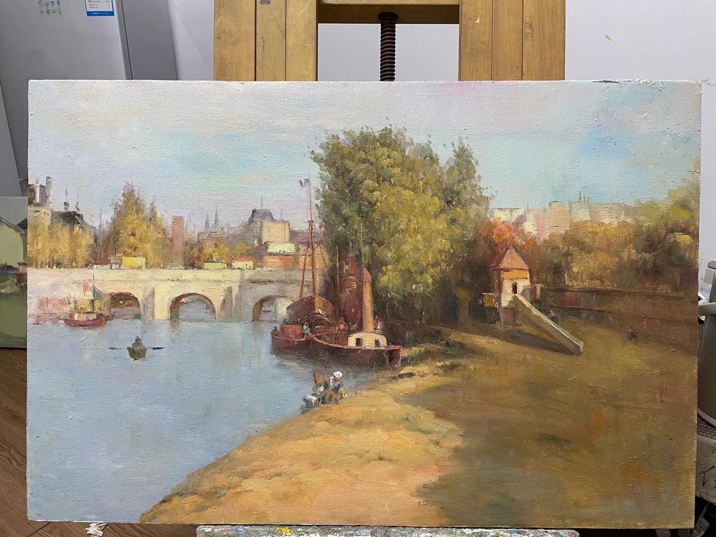 Riverside bridge plein-air painting