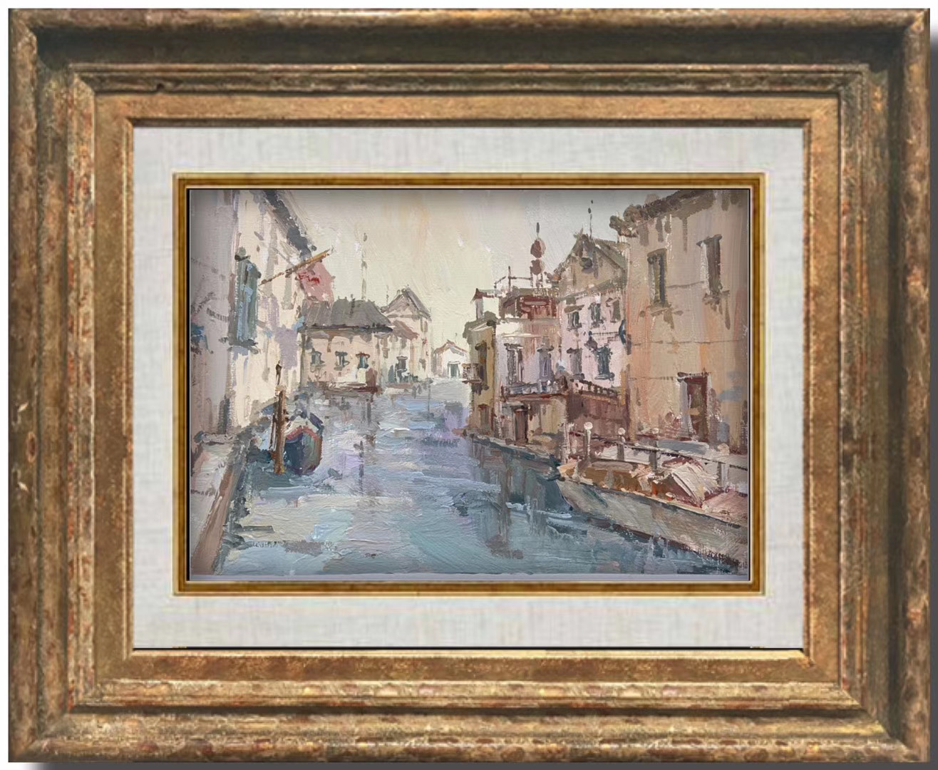 Framed canal streetscape painting